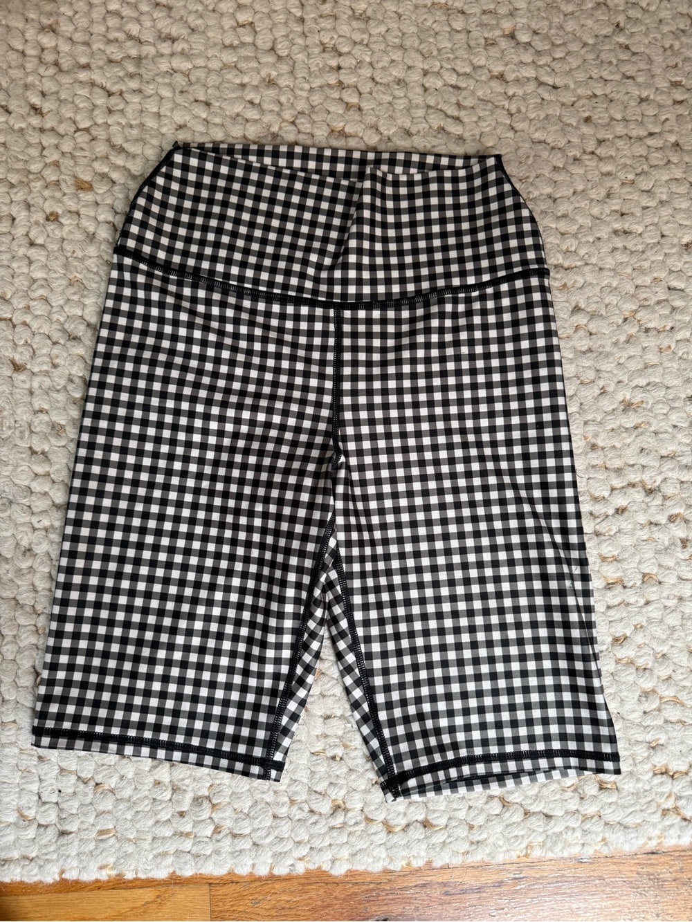 Alice + Olivia Long Black and White Gingham High-Waist Biker Shorts